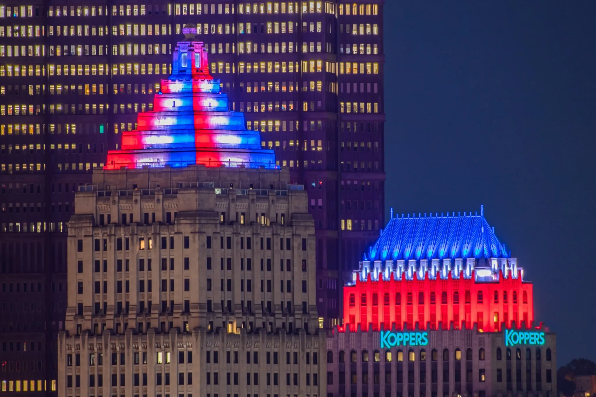 Koppers & Gulf Towers lit red, white, and blue in Pittsburgh, PA
