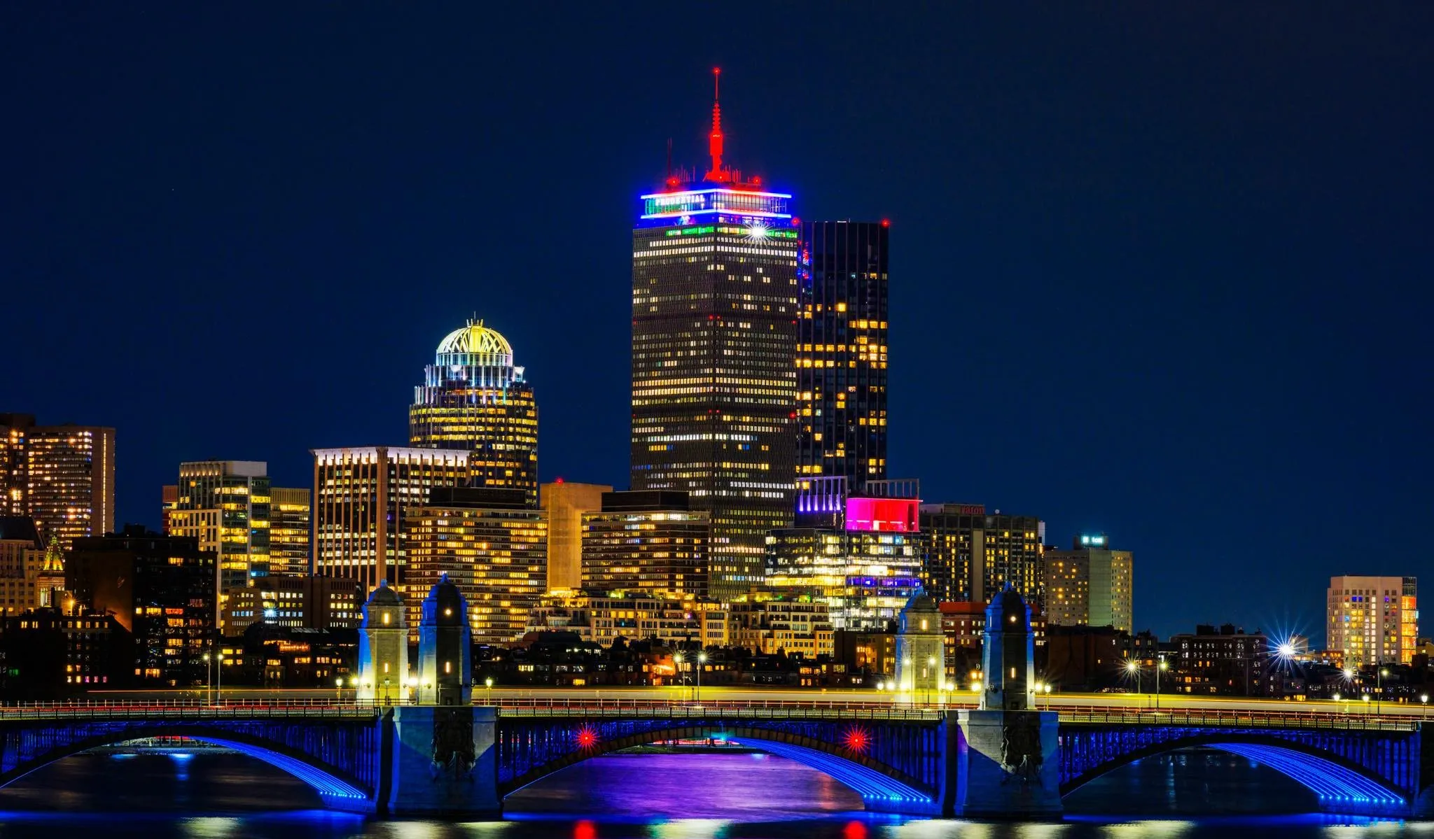 Prudential Tower lit red, white, and blue in Boston, MA